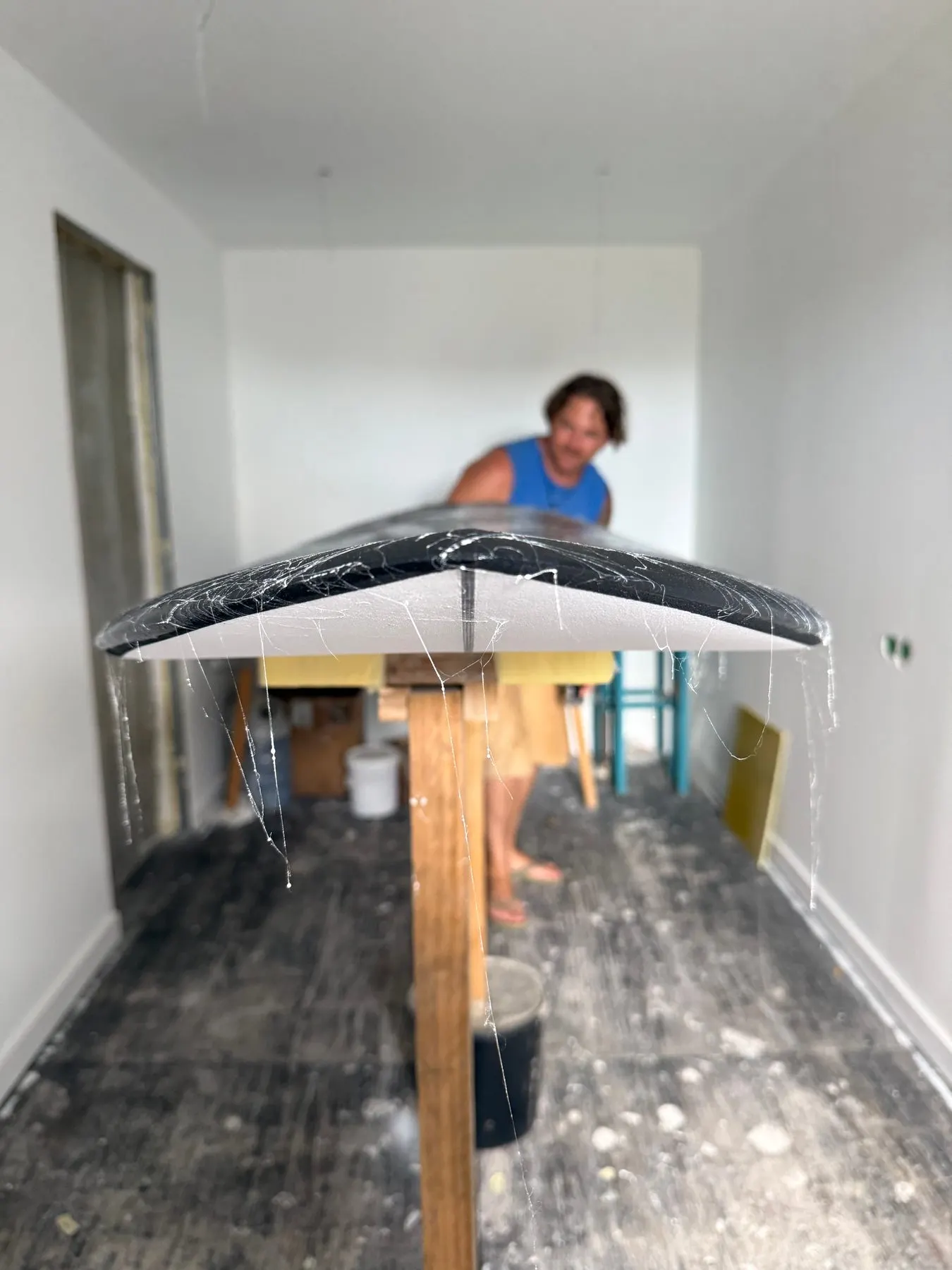 Surfboard repair and glassing at the Fajã Surf Labs workshop in São Vicente, Madeira